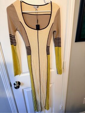 Fashion Nova Beige & Olive Ribbed Long Sleeve Bodycon Dress